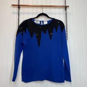 Anne Klein Vintage Blue & Black Sequin Cotton Crew Neck Pullover Sweater Size S